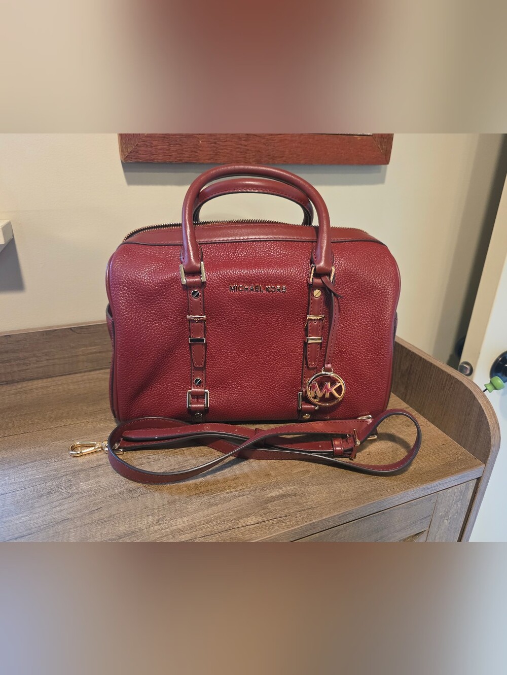 Michael Kors Burgundy Pebbled Leather Satchel with Gold Hardware